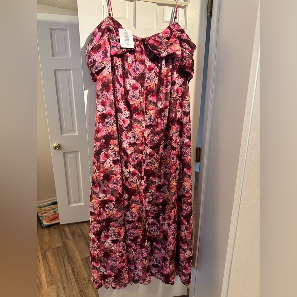 NEW Mikael Aghal Floral Cold Shoulder Pleated Gown Fuschia Pink Size 18 Plus NWT - Picture 5 of 9